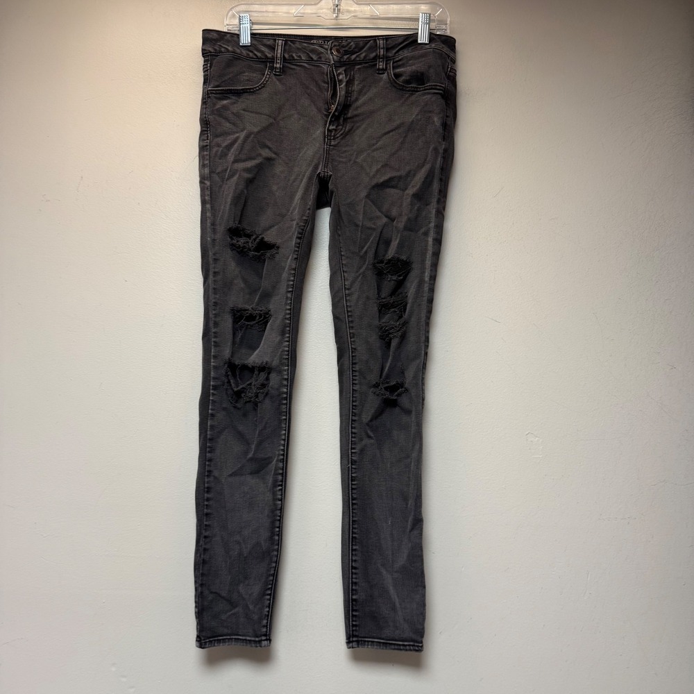 American Eagle Jegging Women 10 Black Excellent Distressed Super Super Stretch